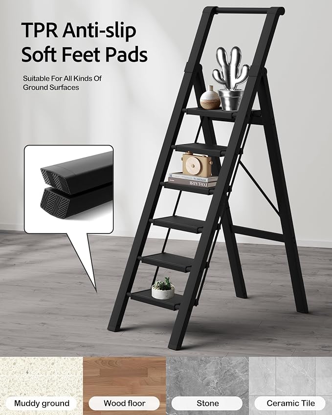 6 Step Ladder, Lightweight Folding Step Stool with Convenient Handgrip,Aluminum 330lbs Capacity Step Ladder for Office,Household,Kitchen(Black)