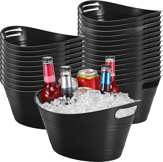 Norme 24 Pcs Oval Storage Tub with Handles, 4.5L Plastic Ice Bucket Wine Beer Champagne Bottle Drink Cooler Tub for Parties Beverage, Storage Basket (Black)