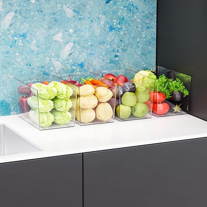 6 Pack Plastic Clear Bins for Organizing- With Handle -11″ Large Pantry Organizer Bins for Shelves Snack,Food or Cleaning Supplies,Fridge Organizers and Storage,Acrylic Kitchen Storage Containers