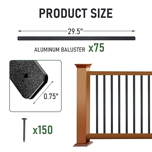 29.5" Aluminum Deck Balusters Staircase with Screws 75 Pack Railing,for Outdoor Stair Deck Porch, Black