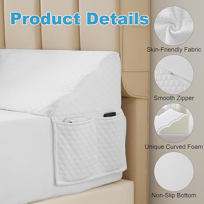 Queen Bed Wedge Pillow for Headboard, Foam Pillow Wedge for Headboard Gap, Mattress Bed Gap Filler Queen, Triangle Pillow Wedge, Anti-slip Bed Crack Space Filler (60"×10"×6") Air-Layer White