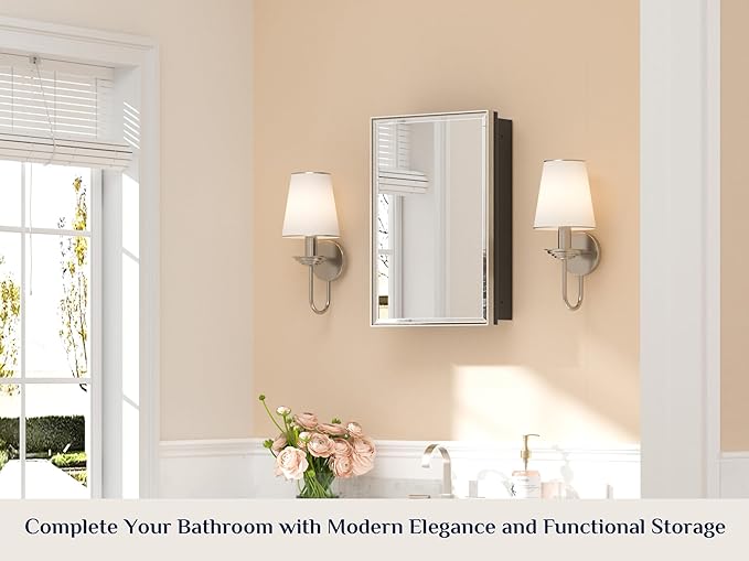 Keonjinn 16" x 24" Medicine Cabinets with Mirror for Bathroom, Brushed Nickel Recessed or Surface Wall-Mounted Aluminum Alloy Framed Beveled Mirror, Farmhouse Bathroom Mirror with Storage Cabinet