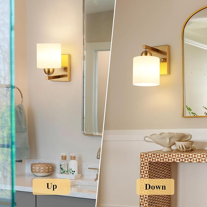 Gold Milk Glass Wall Sconces, 1 Pack Hardwired Indoor Wall Light Fixtures for Living Room, Hallway, Bedroom, Ceramic E26 Sockets (Bulbs Not Included)