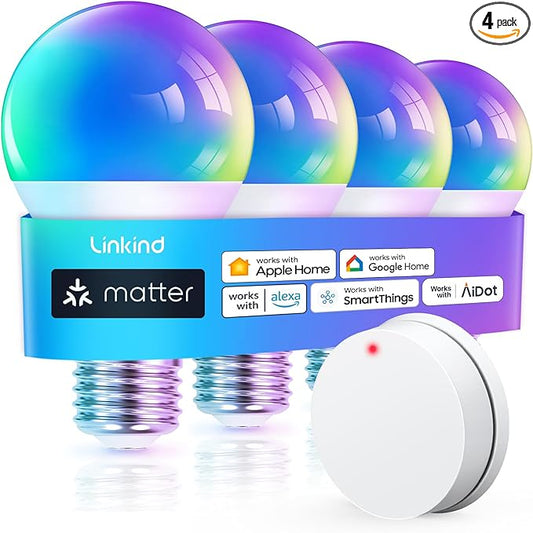 Linkind Matter Smart Light Bulb, WiFi Smart Bulbs with Remote, Smart Bulb Work with Apple Home, Alexa, Google Home, SmartThings, RGBTW Color Changing Bulbs Music Sync, 2.4Ghz A19 E26 60W 800LM 4 Pack