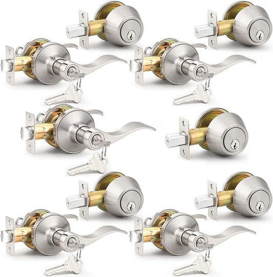 Probrico 5 Sets-Keyed Alike Entry Door Levers with Single Cylinder Deadbolts, Keyed Handleset for Front Door Exterior and Interior Hardware, Entry Lockset Lever Set Satin Nickel, Contractor Pack