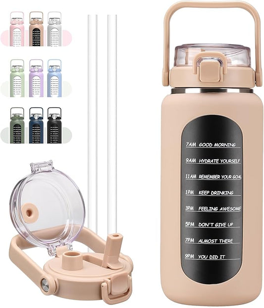 BLUEGO 64oz Insulated Water Bottle with Straw and Handle Leakproof Half Gallon Wide Mouth Motivational Water Bottle, 2-IN-1 Straw Spout Lid Stainless Steel Water Jug for Sport Travel Gym-Amber