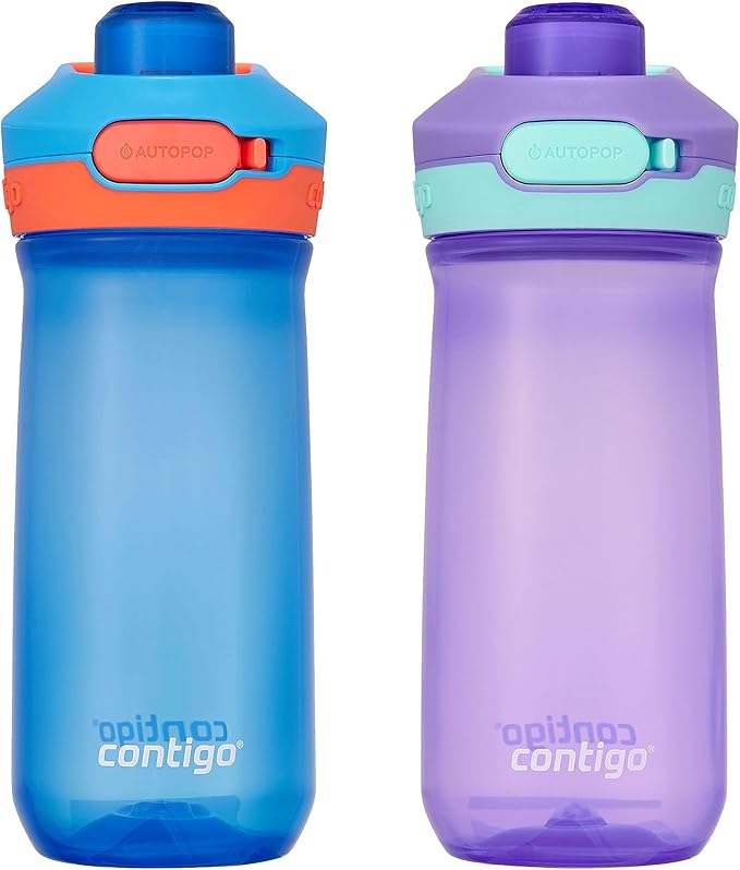 Contigo Trekker and Jessie Kids Water Bottles with Leak-Proof Lids, 14oz Dishwasher Safe Kids Water Bottles (2-Pack)