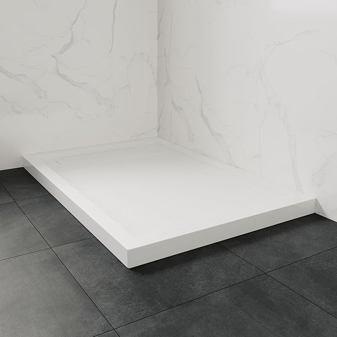 OVE Decors 54-in W x 32-in D Shower Base Pan Rectangle, Hidden Side Drain, White Acrylic, Reversible Design