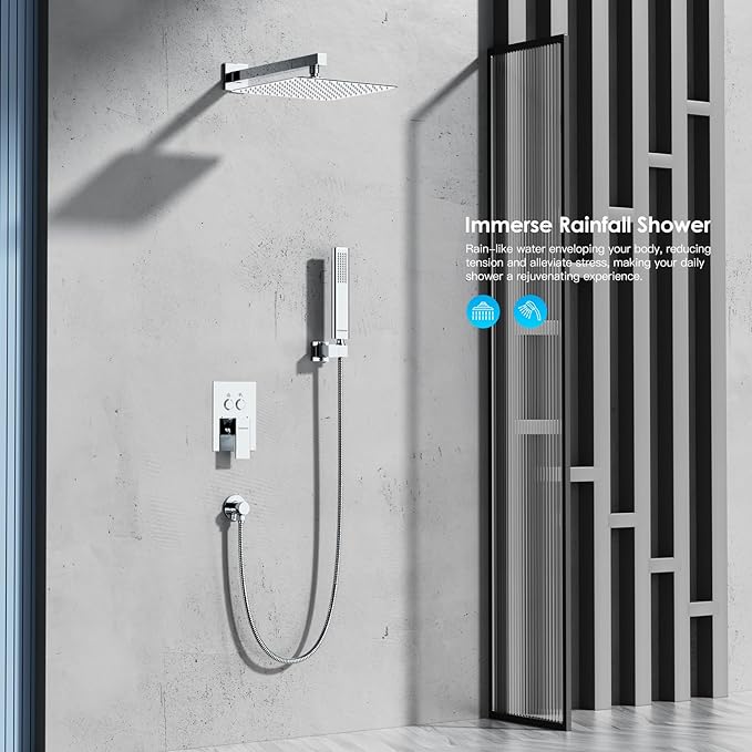 Shower System Shower Faucet Set with Push-Button Diverter and Wall Supply Elbow 12 Inch Shower Head Polished Chrome
