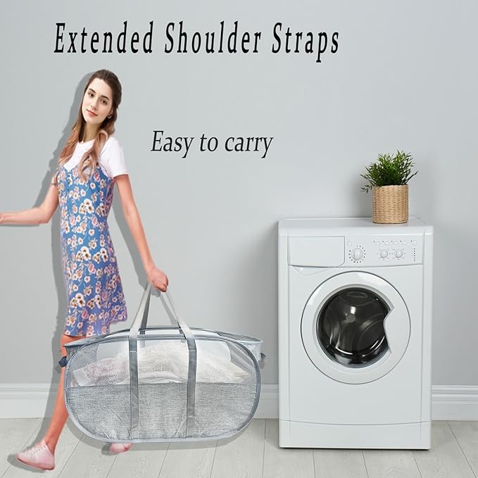 Upgraded 100L Extra Large Mesh Pop Up Laundry Hamper, Dirty Clothes Hamper with Reinforced Handles, Pop-up Hampers for Laundry Travel. Dorm or Home Portable Laundry Basket. Grey