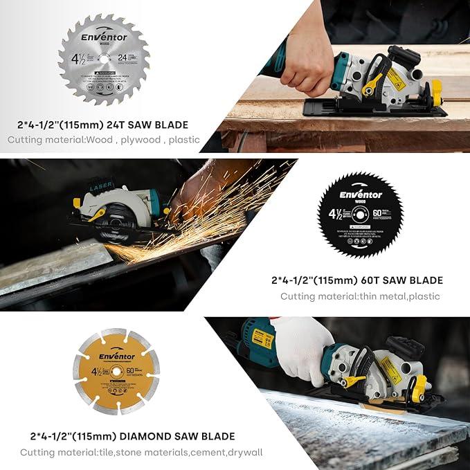 Enventor Mini Circular Saw, 5.8A 4-1/2" Electric Circular Saws with 6 Saw Blades, Laser Guide, Max Cutting Depth 1-11/16"(90°), 1-1/8"(45°) for Soft Metal, Wood, Tile, Drywall, Plastic Cutting