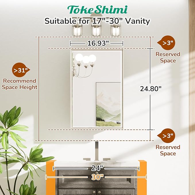 TokeShimi 17x25 Beveled Mirrored Medicine Cabinet Wall Mounted or Recessed Medicine Cabinet with Mirror for Bathroom Brushed Nickel, Aluminum Framed Metal Mirror with Storage Adjustable