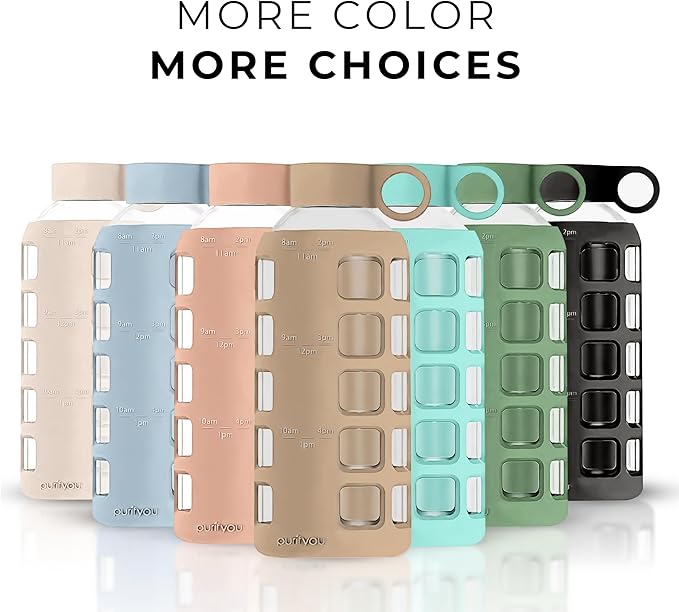 purifyou Premium Glass Water Bottles, 40/32 / 22/12 oz Reusable Drinking Bottle with Time & Volume Markings Silicone Sleeve & Stainless Steel Lid for Water, Coffee, & Fruit Juice (22oz Iced Coffee)