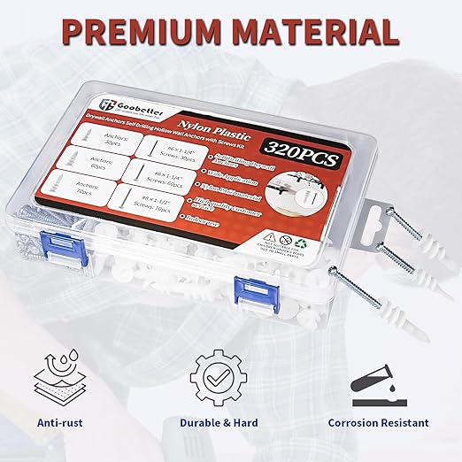 320Pcs Self Drilling Drywall Anchors and Screws Kit, 3 Sizes Nylon Wall Anchors for Hollow Walls, No Pre-Drilling Required, Holds Up to 75lbs (160 Anchors + 160 Screws)