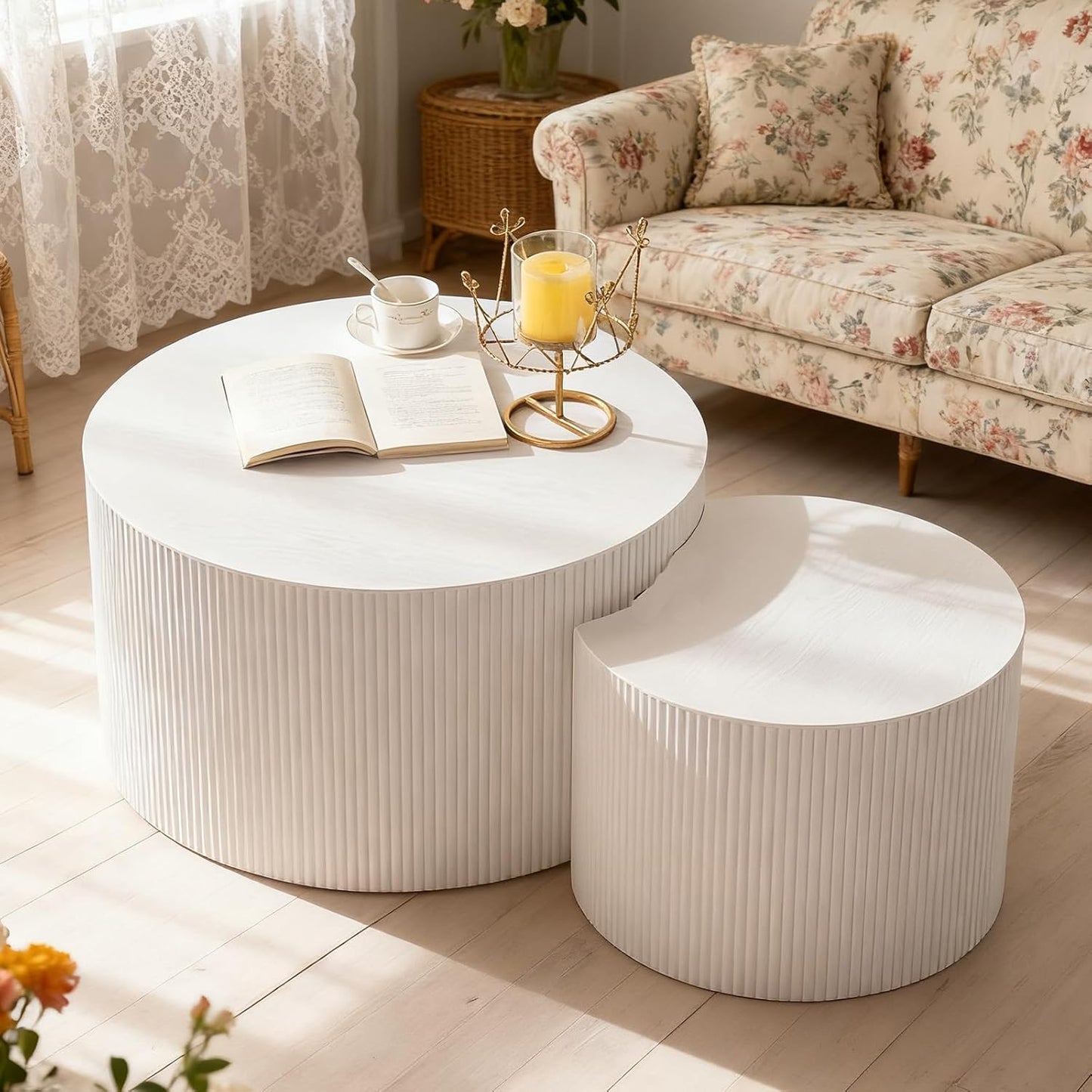 Round Nesting Coffee Table White Round Fluted Coffee Table Set of 2 for Living Room Small Circle Drum Coffee Tables Crescent End Table (White A 27in)