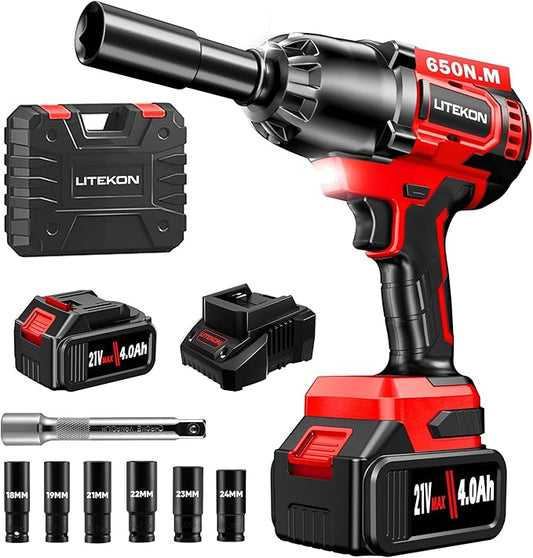 Cordless Impact Wrench 1/2 Inch, 480Ft-lbs (650N.m) Brushless High Power Impact Wrench Tool with 4000mAh Battery, 2500RPM High Torque Impact Gun, 7 Sockets for Home Car/Truck RV/Mower -2025 Upgraded