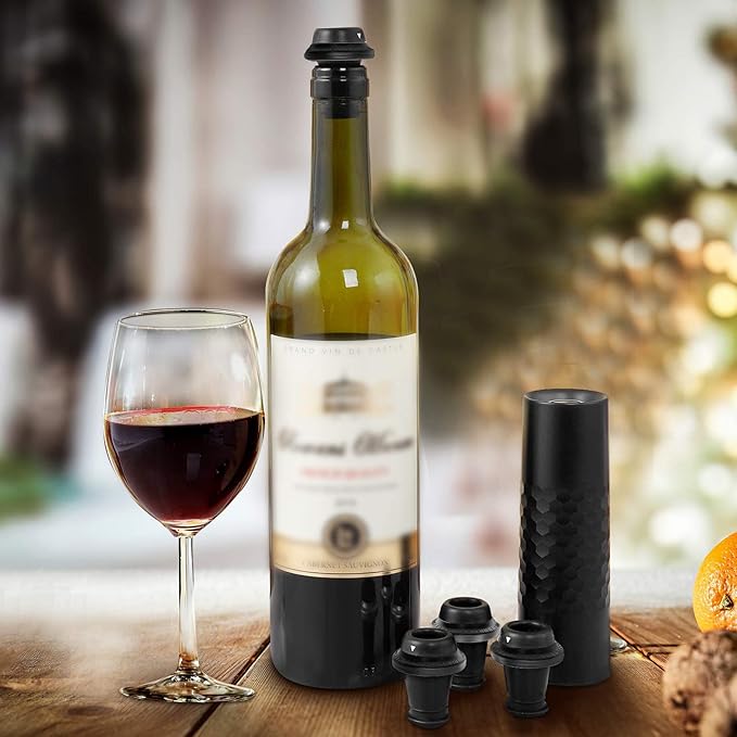 Automatic Wine Saver Pump Set for Red Wine with 4 Reusable Vacuum Bottle Sealer Stoppers USB Type-C Charging - Black