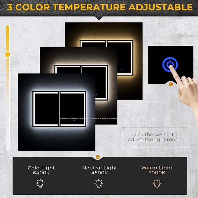 Hasuit Lighted Medicine Cabinet with Mirror, Wall Mounted Bathroom Mirror with Storage, 2 Doors Bathroom Wall Cabinet with LED Lights, 35.4'' x 23.6''