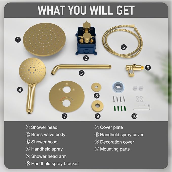 Iriber Thermostatic Shower System Wall Mount with 10 Inch Roud Rainfall Shower Head and Handheld,Shower Faucet Mixer Trim Kit (Valve Included),Brushed Gold