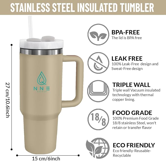 40oz stainless Steel Insulated Tumbler with Handle, lid and straw for cold water, Iced tea, or coffee - 100% Leak-Proof - Cupholder Friendly Travel Mug- Gifts for Women Men Him Her (Brown)