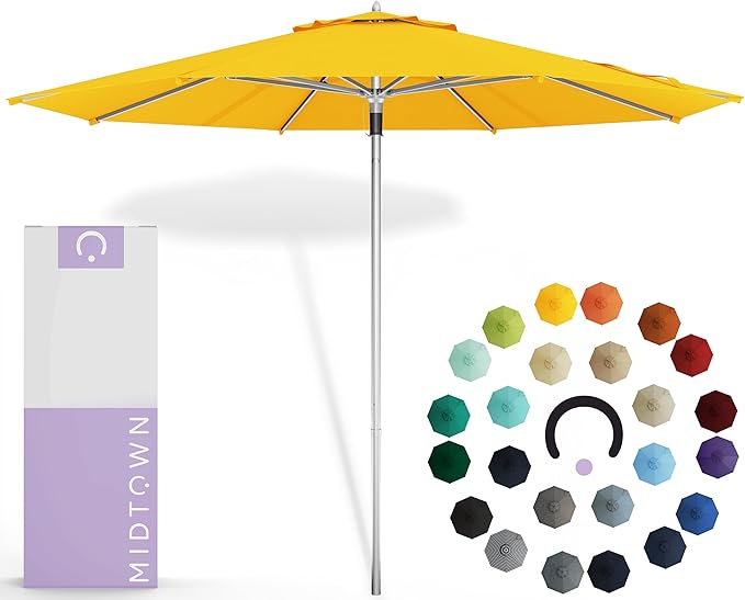 Midtown Umbrellas Push Pop Sunbrella Umbrella 8 Feet Outdoor Umbrella in Sunbrella Yellow Acrylic Fabric - Patio, Backyard, Garden, Picnic Table & Pool - Black Pole