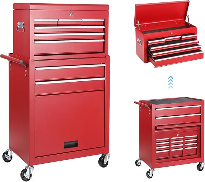 Tool Chest 8 Drawers Garage Storage Cabinet 2 in 1 Steel Frame Tool Chest with Wheels, Liner, Detachable Top, Lockable Wheels and Side Hooks for Garage, Red