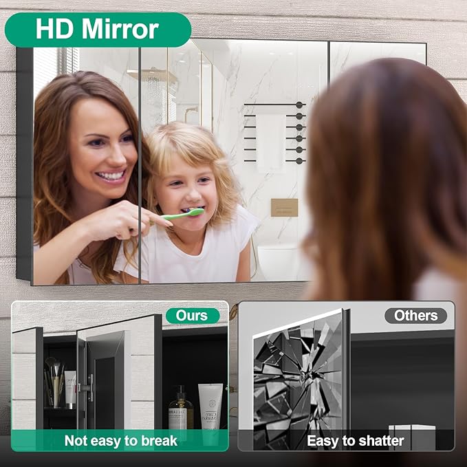 40 x 24 Farmhouse Medicine Cabinet, Tempered Frameless Bathroom Mirror with Storage, Black Recessed or Surface Mount Aluminum Medicine Cabinet for Bathroom Modern-Large