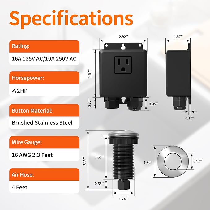 Joinfworld Garbage Disposal Button Kit, Garbage Disposal Air Switch Kit Sink Top Switch for Garbage Disposal Brushed Nickel Stainless Steel LONG 2.6" Air Switch Button - UL Listed