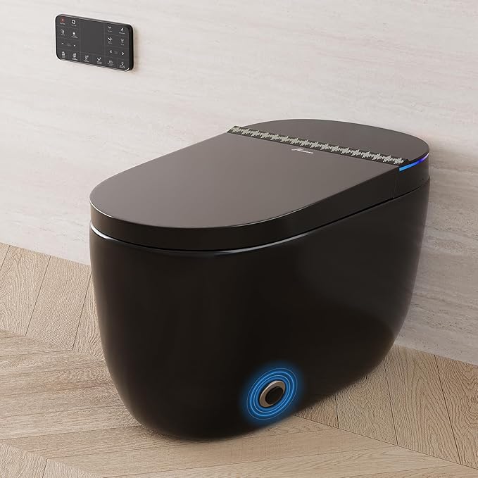 Smart Toilet with Built-in Tank and Air Boost Pump, Powerful Flush, Auto Open/Close Lid, ADA Height Heat Seat, Tankless Toilet with Instant Warm Water Cleaning Foam Dispenser (Black)