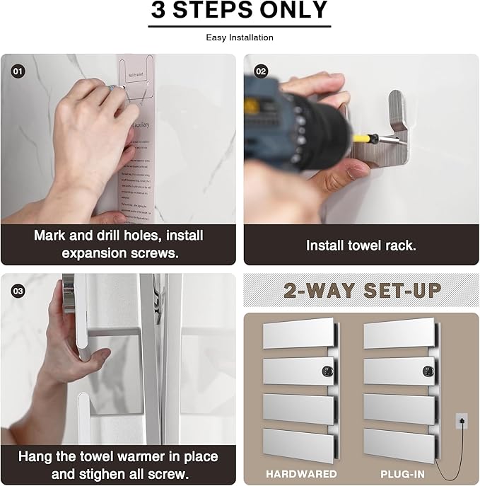 K&KALONZO Electric Towel Warmer, 18.35" W x 31" H Wall-Mounted Towel Heater with Built-in Timer, Waterproof Aluminum Towel Warmer for Bathroom, Support Plug-in and Hardwired, Silver, K4-R-S