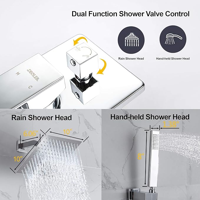 Rain Shower System with Handheld Shower, 10 Inch Wall Mounted Shower Faucet Set Bathroom Luxury Rain Mixer Shower Combo Set Rough-in Valve and Trim Kit, Chrome