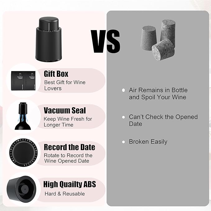 Wine Stoppers for Wine Bottles, Wine Saver Vacuum Stoppers with Date Dial, Reusable Silicone Wine Preserver, Wine Gifts Wine Accessories for Wine Lovers