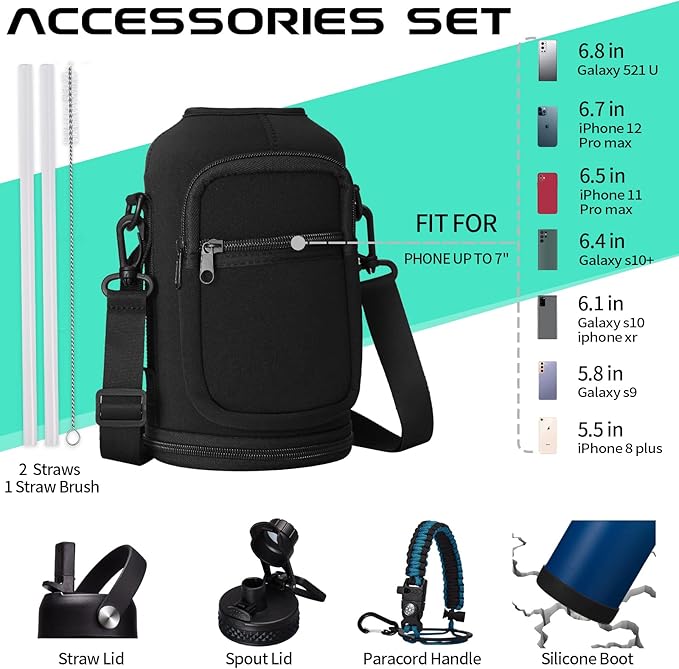 Half-gallon Insulated Water-Bottle with Straw - Stainless Steel Thermo Jug with Spout Straws Lids, Paracord Handle & Bottle Sleeve, 64OZ Vacuum Thermo Bottle for Outdoor Working Camping Trip