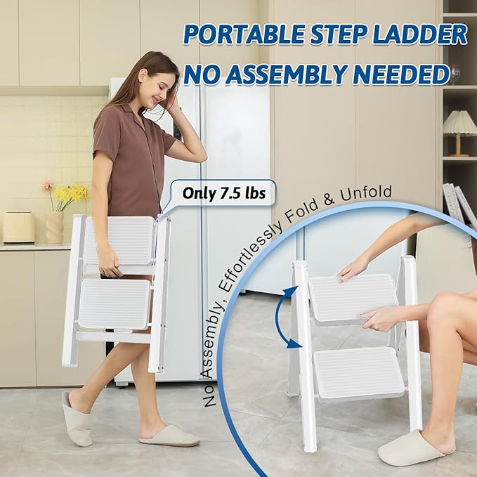 Double Elite Step Ladder 2 Step Folding, Sturdy 330 Lbs Load Step Stool for Adults, Safer Full Steel Kitchen Closet Ladder for Home, Multi-use Small Step Stool Ladder with Anti-Slip Wide Pedals, White