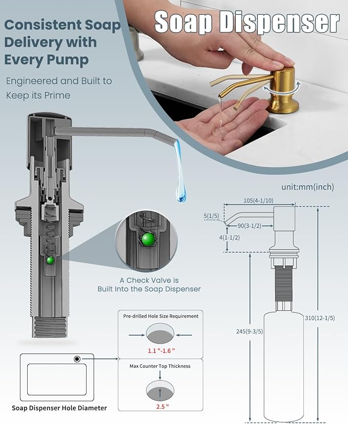 LED Kitchen Faucet, Brushed Gold Kitchen Faucet with Soap Dispenser and Deck Plate, Faucet for Camper Farmhouse RV Kitchen Sink, Single Handle Kitchen Sink Faucets with Pull Down Sprayer
