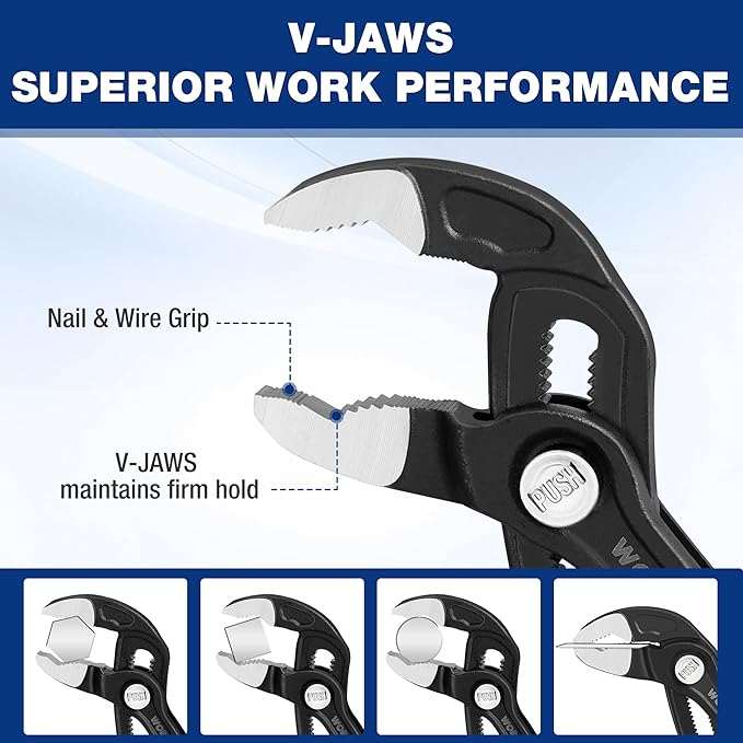 WORKPRO Slip Joint Pliers, 10" Quick Adjustable Pliers, Upgraded 50mm Wide Opening Water Pump Plier, V-Jaw Groove Joint Plier for Home and Industrial Repair, CR-V Steel, Dual Serrated, Soft Grip