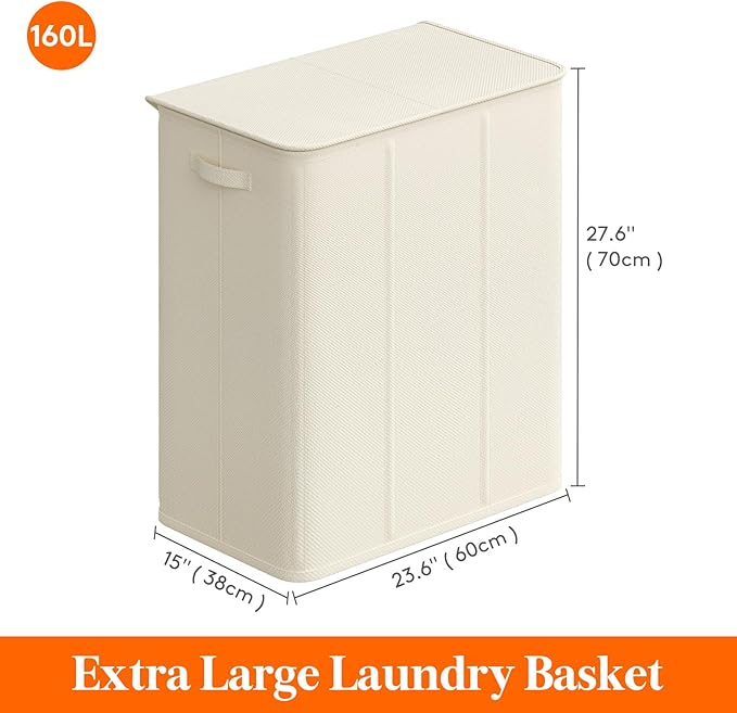 Lifewit Triple Laundry Hamper with Lid and Removable Laundry Bags, Large Collapsible 3 Dividers Dirty Clothes Basket with Handles for Bedroom, Laundry Room, Closet, Bathroom, College, 160L White
