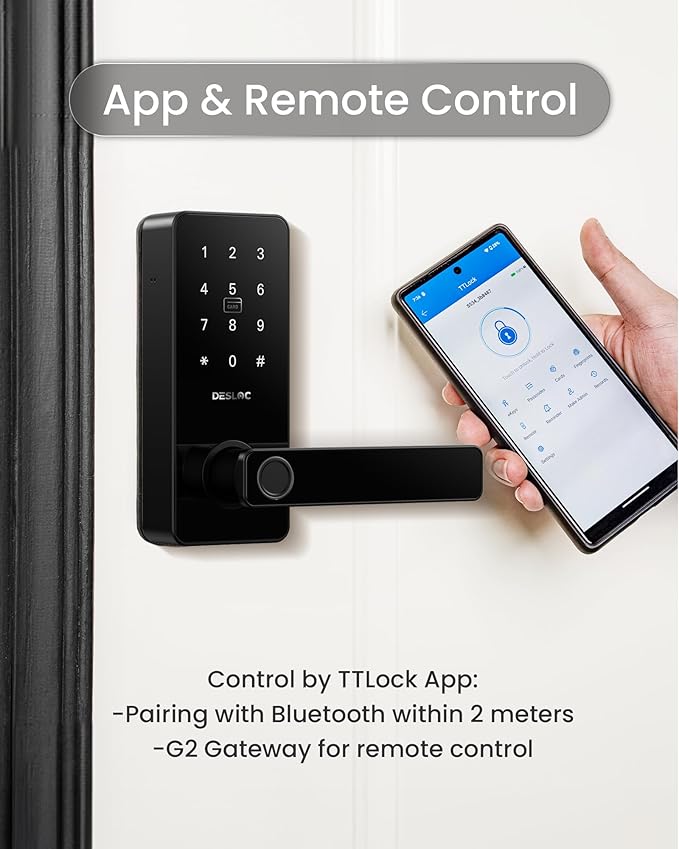 DESLOC B200L Fingerprint Smart Lock with Handle, Keyless Entry Door Locks, App Control, Touchscreen Keypad, 100 PIN Codes, Auto-Lock, 12-Month Battery, Emergency Power Port, IP54 (Black)