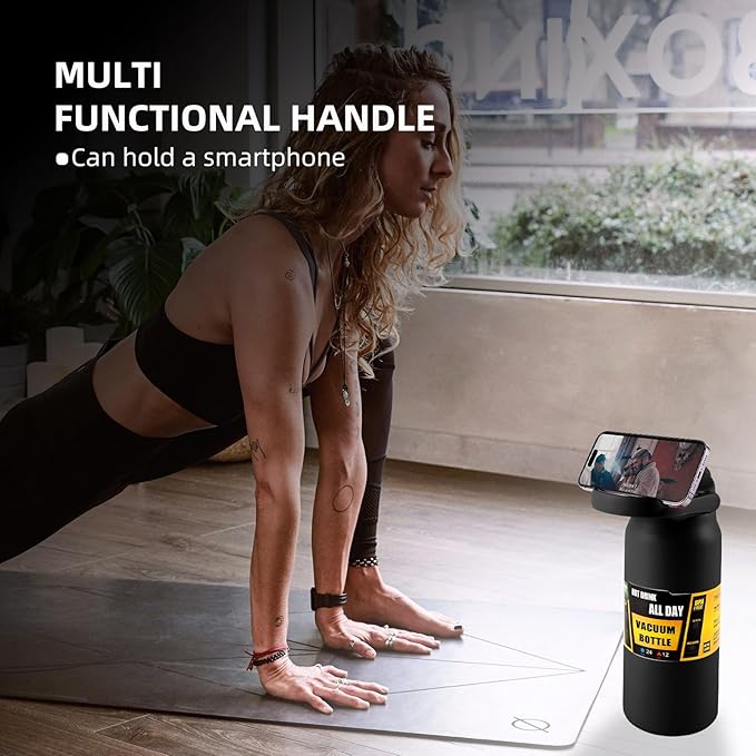 50oz/1.5L Insulated Sports Water Bottle, Stainless Steel Double Wall Water Jug with Handle, 2-in-1 Chug Spout and Straw Lid with Lock Cover for School, Outdoor, Sports & Travel, Black