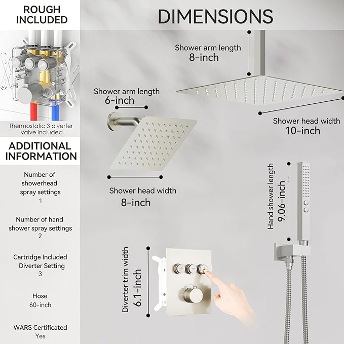 Shower Faucets Sets Brushed Nickel Shower System,10" Ceiling Rainfall Shower and 6" Wall Mount with 2 in 1 Handhled, Can Use All at Once, Thermostatic Shower Set with Valve and Trim Kit