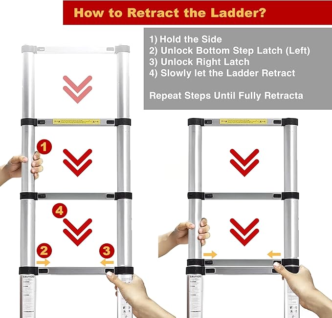 Telescoping Ladder, 12.5 FT Aluminum Lightweight Extension Ladder with 2 Stable Hooks, 2 Triangle Stabilizers & Non-Slip Feet, Heavy Duty 330 Lbs Max Capacity, Ideal for Home, RV & Outdoor Work