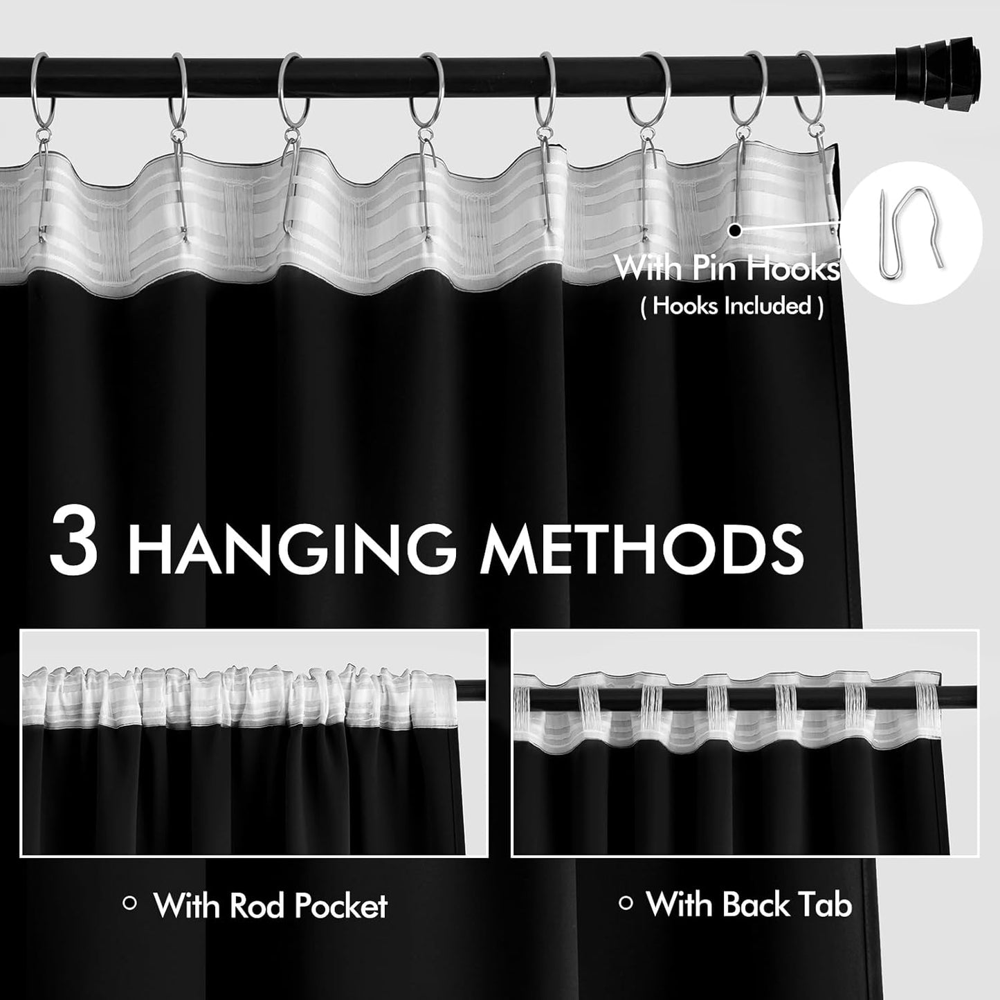 MIULEE Back Tab Blackout Curtains 90 Inch Long 2 Panels Set for Living Room Bedroom Privacy, Halloween Black Rod Pocket/Pinch Pleated Thermal Insulated Room Darkening Light Blocking Curtains/Drapes