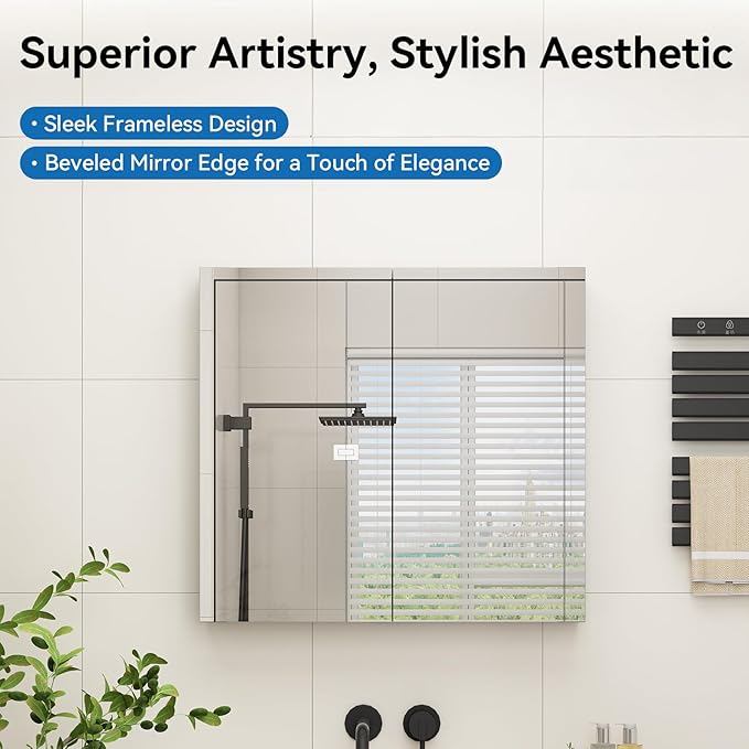 Sunrosa Aluminum Bathroom Medicine Cabinet with Mirror Door, 30"×27.5" Bathroom Mirror Cabinet, Wall-mountable and Recessed-in Mirror Cabinet, 2 Doors Medicine Cabinet Organizer II