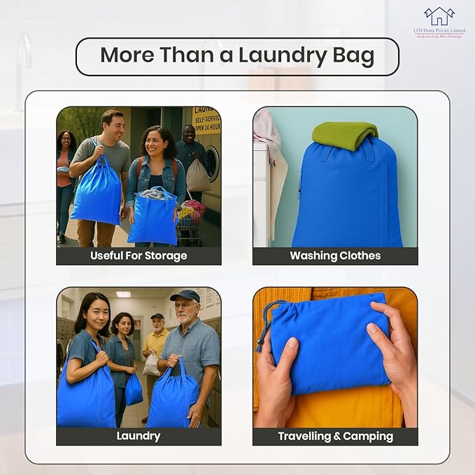 LFH Home Cotton Canvas Large Laundry Bag with Handle, Heavy Duty Drawstring Closure Washable Laundry Bags, School Travel, Home, Hotel, College Dorm, Organizer Sack, Toys Clothes 28x36-Sky Blue