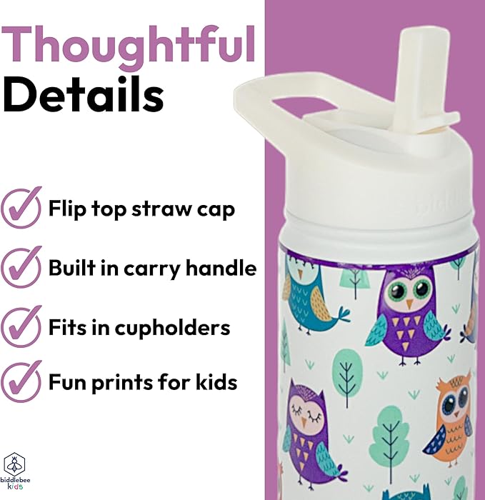 Biddlebee Kids Water Bottle with Straw Lid | 14oz Insulated Stainless Steel Reusable Bottles for School | Leak Proof Cap with Handle & Touch Free Spout | Great for Boys & Girls (Owls)