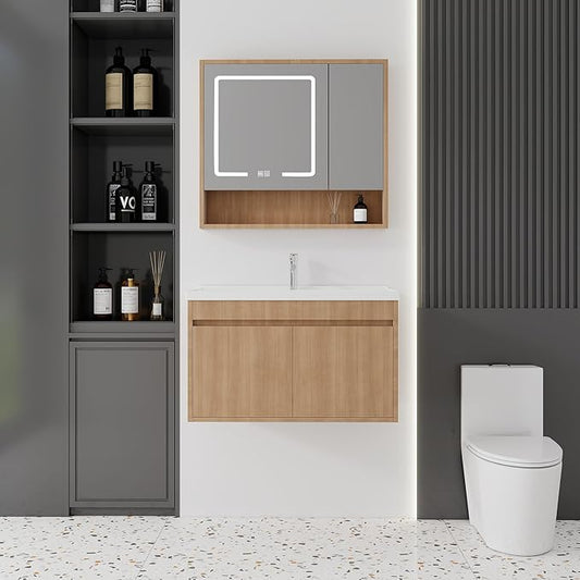 32'' Bathroom Vanity with Ceramic Sink Combo and Medicine Cabinet Mirror with Led Light/Defog, Wall Mounted Small Bathroom Vanity with Soft-Close Door Modern Floating Cabinet, Walnut(No Faucet)