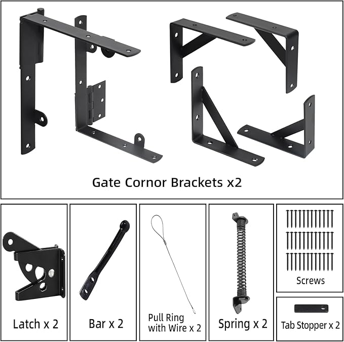 Fence Gate Kit Gate Hardware, 2 Set Anti Sag Gate Kit Gate Frame Cornor Brackets Kit with Self Closing Gate Springs Hings Latchs for Outdoor Garden Backyard Wooden Fence Deck Porch Gate