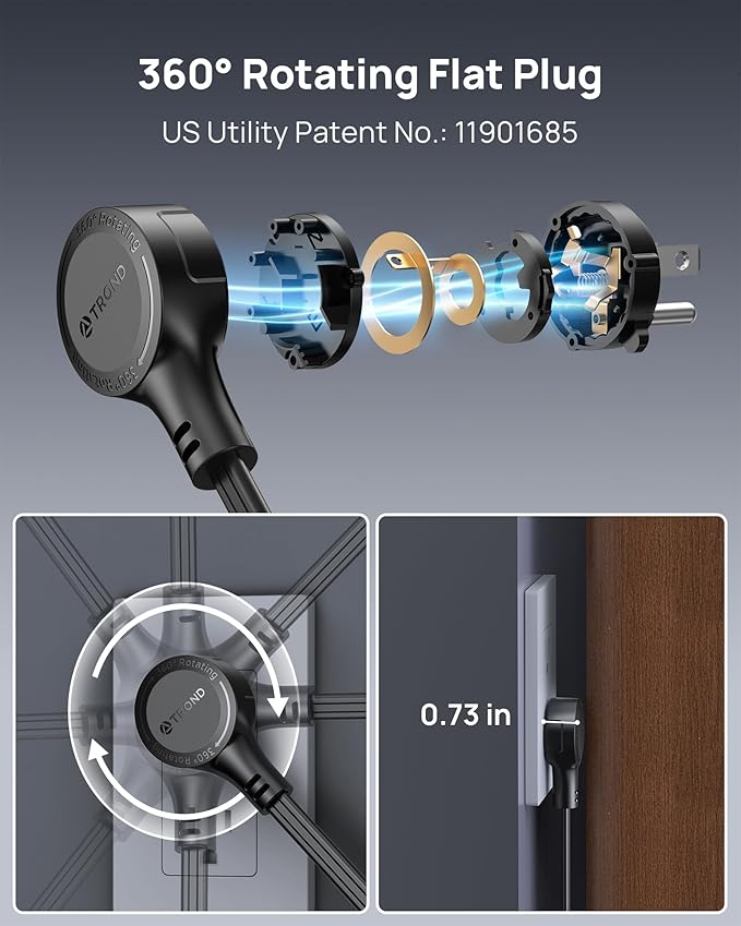 TROND 360° Rotating Flat Plug Power Strip, 3FT Extension Cord with 4 USB Ports, 4 Wide Spaced AC Outlets, Wall Mount, 900J Surge Protector for Office Travel Dorm Room Essentials, Black