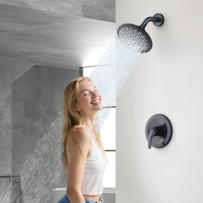 EMBATHER Shower Faucet with Valve, Single Handle Control Shower Valve and Trim Kit, Bathroom Rainfall Shower System with 6 Inch Shower Head, Matte Black