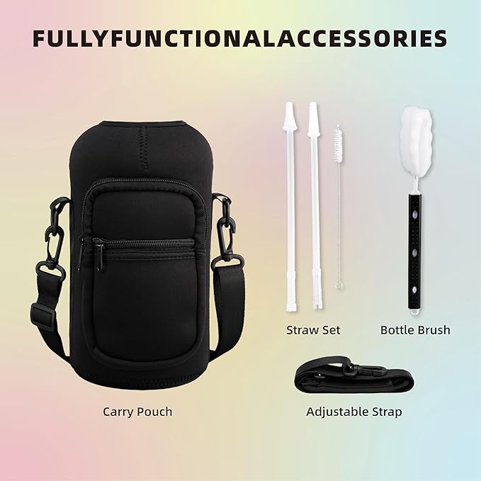 64oz Insulated Water Bottle With Handle, Stainless Steel Thermos With Straw, Water Bottle Holder With Strap, Half Gallon Water Jug, For Water, Iced Tea Or Coffee, On Gym, Black (Purple)